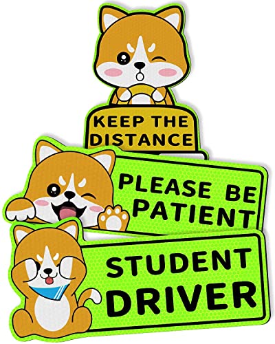 3Pcs Student Driver Car Magnet, New Driver Reflective Sticker Safety Sign For Car Bumper Magnet Decal, Please Be Patient Keep The Distance Large Vehicle Warning Stickers(Shiba Inu) #TOP1
