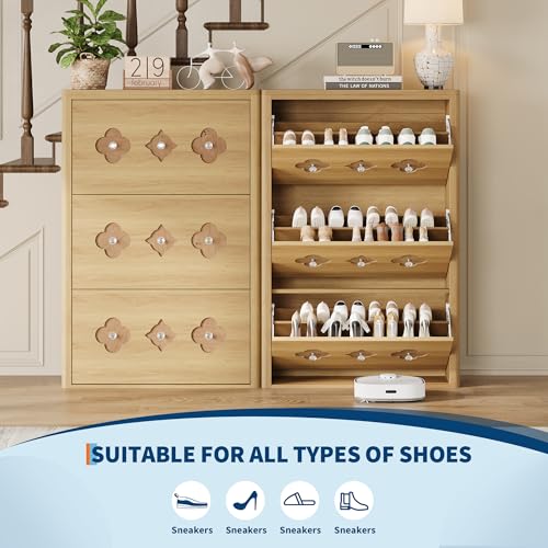 Image of GarveeHome Shoe Storage Cabinet with 3 Flip Drawers, Narrow Wood Shoe Organizer Cabinet with Floral Pattern, Freestanding Slim Shoe Rack Cabinet with Adjustable Shelves, for Entryway, Hallway, Natural | Floral Pattern, Shoe Cabinet for Entryway, Hallway, Living Room, Narrow Wooden Shoe Cabinet with Adjustable Shelves