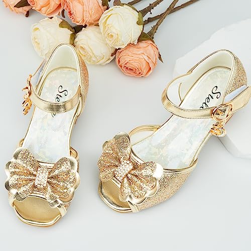 Stelle Girls Low Heels Princess Dress Shoes Toddler Little Big Kid Glitter Bow Flower Sandals For Party Wedding (T18-Gold, 9Mt) #TOP6