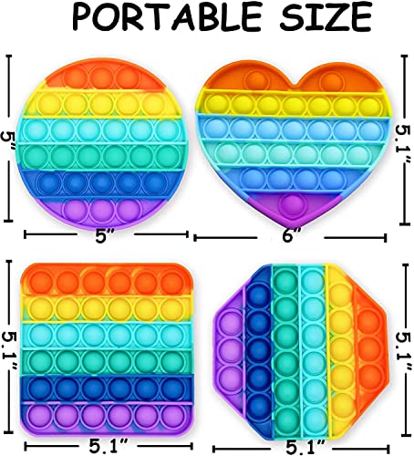 Multipurpose 4 Pack Rainbow Pop It Fidget Toy, Bubble Sensory Toy For Kids And Adults, Stress Reliever, 4 Shapes Poppers-Heart, Circle, Octagon, Square Pressure Relieving #TOP4