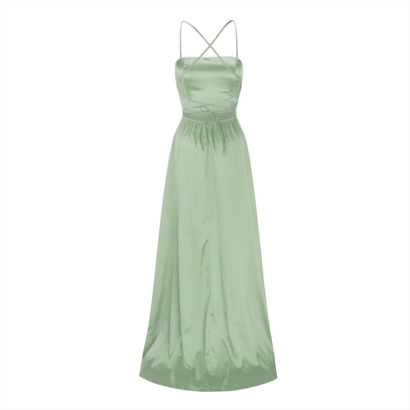 Pring - Vestidos sin espalda para mujer, de talle alto con bolsillos, de satén, para vacaciones, casual, de verano, a la moda, con tirantes delgados, sueltos, lisos, divididos, maxi, largo, modesto