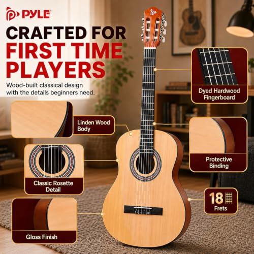 Image of Pyle 30-Inch Beginner Acoustic Guitar Kit, 1 /4 Size Junior Classical Nylon String Guitar for Kids and Adults, Includes Gig Bag, Strap, Spare Strings, Picks, Cleaning Cloth, Natural Ash, Gloss
