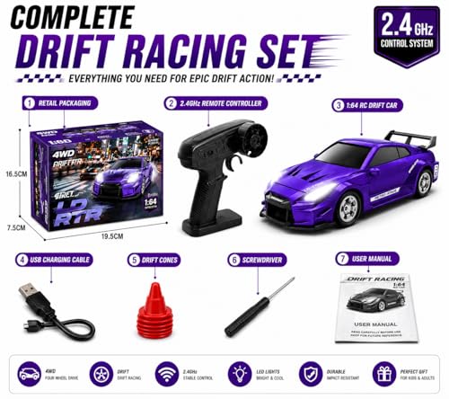 Image of Remote Control Sports Car & Off-Road SUV Toy for Kids, High Speed RC Racing with Wireless Remote, Realistic Lights & Premium Design Gift for Boys Girls (1:64 RTR Drift CAR)