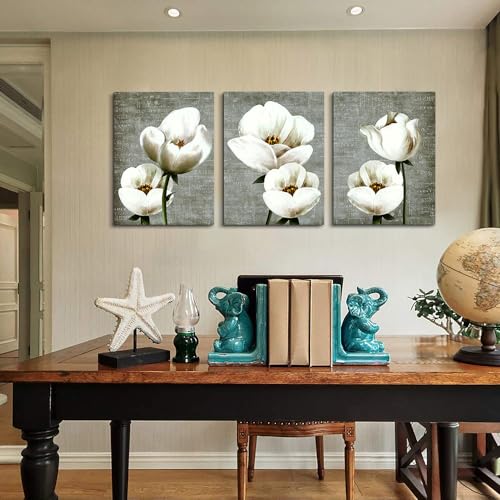 DZRWUBHS Modern Wall Decor - Canvas Wall Art for Living Room, Bedroom & Kitchen - Abstract Vintage Style White Flowers - 3 Piece Set