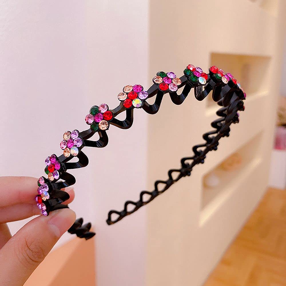 Korean Style Vintage Rhinestone Headband,Fashion Non-Slip Crystal Flower Elastic Wavy Hairbands Hair Hoop Hair Accessories for Women Girls(multicolor)