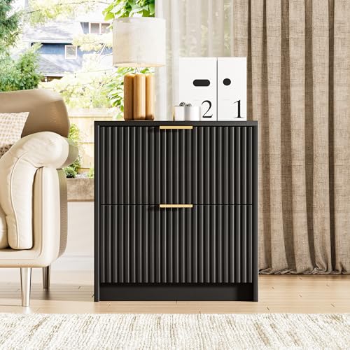 Image of Furniway Nightstands Set of 2, Fluted Nightstand with Gold Metal Handles and 2 Drawers, Modern Bedside Table, 19.6 inch Wide Wood End Table for Bedroom, Black