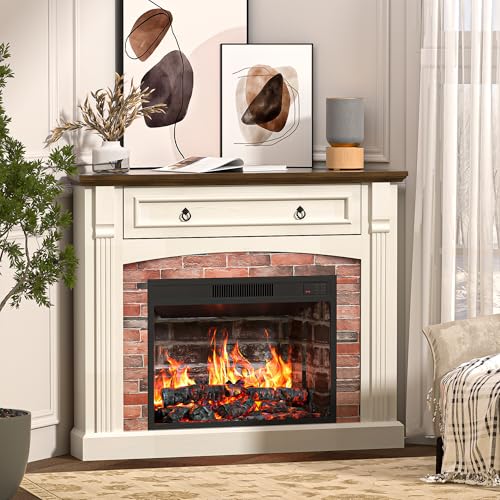 Outguava Electric Fireplace with Mantel, Corner Fireplace TV Stand, Entertainment Center with Hidden Drawer, Electric Fireplace Heater with Realistic Stacked Stone Surround for Living Room (White)