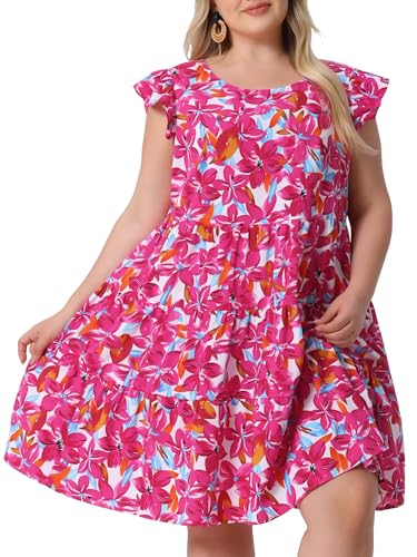 Image of Agnes Orinda Plus Size Summer Dress for Women Boho Flutter Sleeves Round Neck Floral Print Tiered Babydoll Ruffle Dresses