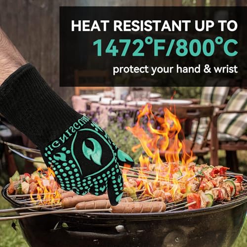Image of BBQ & Grill Gloves, Oven Gloves, 1472F Silicone Oven Mitts Heat Resistant Grilling Gloves Fireproof Non-Slip for Barbecue Cooking Baking Smoking, 1-Pair (Green, Large)