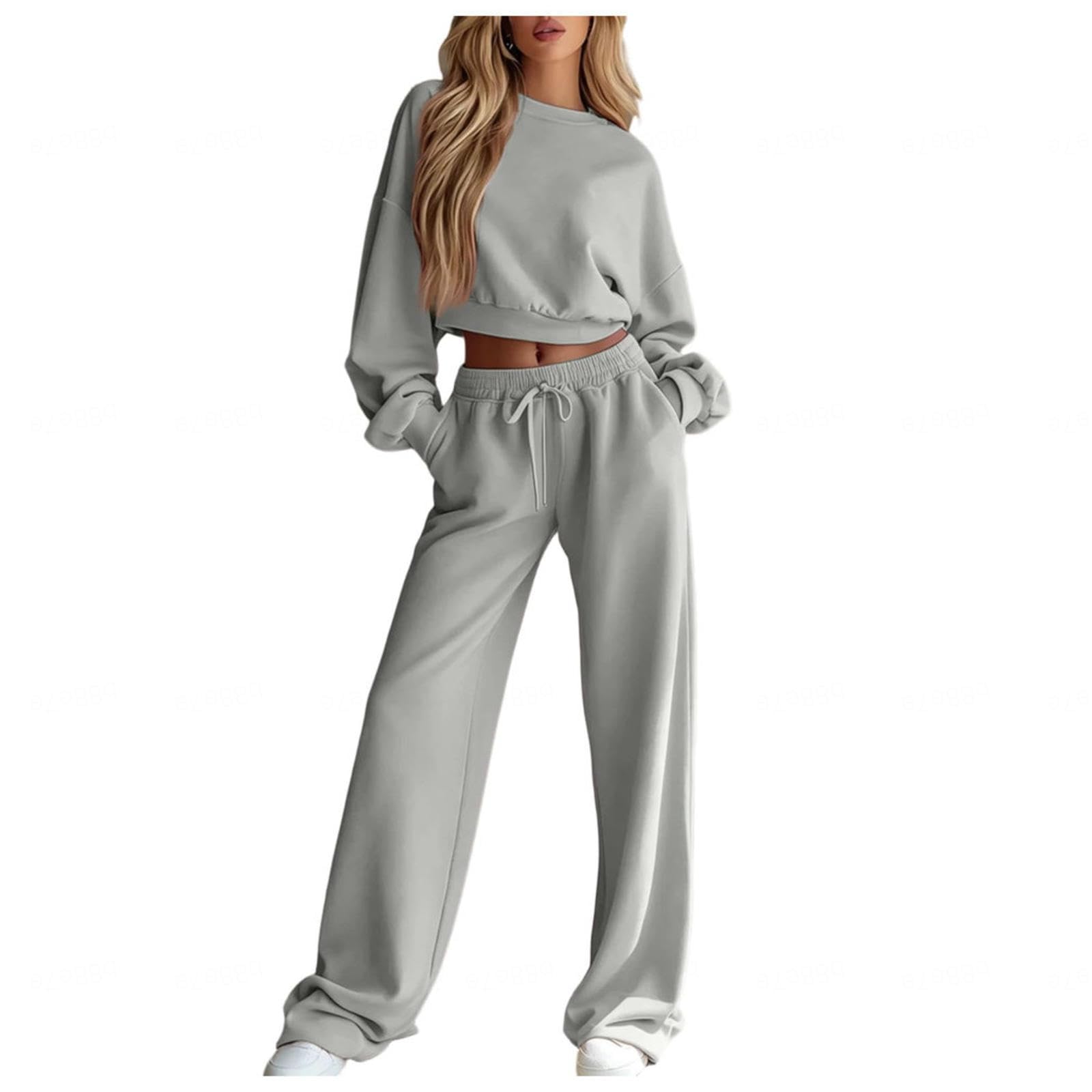 Jogginganzug Damen Wide Leg Sweatpants Jogginganzug Short Sweatshirt Damen Anzug Herbst Set,Grey-XS