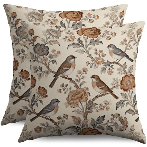 Sivirary housse coussin oiseau Chinoiserie brun 16x16 ensemble 2