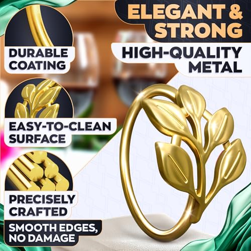 Image of Easter Gold Napkin Rings Set of 12 - Gold Leaf Napkin Rings Set | Elegant Design Napkin Ring Holders for Easter Table Decorations, Festive Dinners, Special Events & Holidays, Kitchen Gifts for Hosts