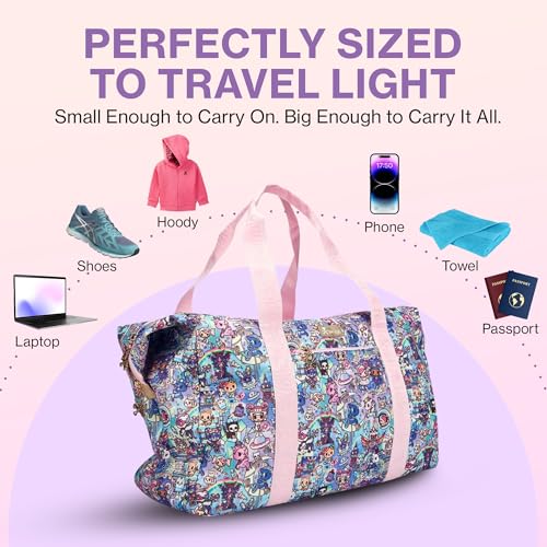 tokidoki - Travel Duffel Bag Carry-On Weekender - Double Zip Compartments, Padded Device Pocket, Adjustable Strap, Exterior & Interior Pockets - Gold Hardware, Periwinkle Lining3