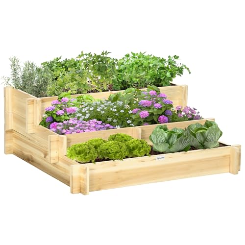 Outsunny Carré Potager de Jardin en Bois Massif, Jardinière Surélevé en Escalier 3 Niveaux, 93...