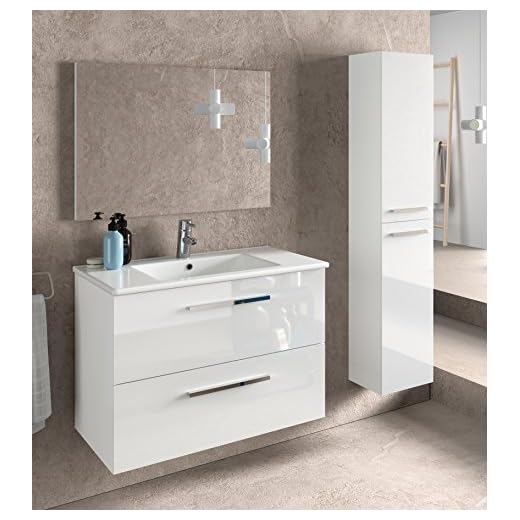 Miroytengo Juego de Mueble de baño Lavabo suspendido 2 cajones, Espejo, lavamanos de cerámica y Columna Auxiliar de Aseo, Acabado en Blanco Brillo