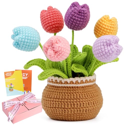 ENCHOL Beginner Crochet Kit, Complete Crochet Kits-Flower Bouquet Potted, Crochet Potted Flowers, Mother's Day Colorful Tulip Potted DIY Crochet Kits with Step-by-Step Video Tutorials