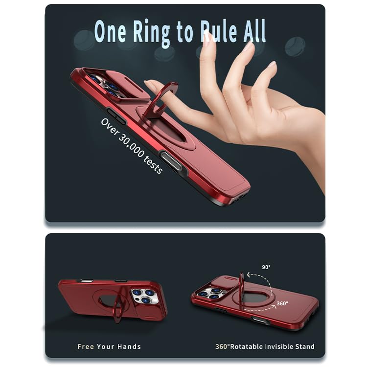 Image of LuxuryKase MagSafe Shockproof Rugged Back Case for iPhone 16 Pro | Finger Ring Kickstand & Sliding Camera Cover | Military Drop Protection | Wireless Charging Support - Red