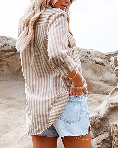 OMSJ Women's Striped Button Down Shirts Casual Long Sleeve Stylish V Neck Blouses Tops with Pockets4