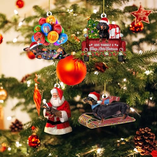 Weihnachtsbaumschmuck, Christbaumschmuck, 4 Stück Dackel Weihnachtsanhänger mit Doppelseitiger, Dackel Hängender Acryl, Weihnachtsdeko zum Aufhängen, Weihnachtsdekoration, Weihnachten Ornamente