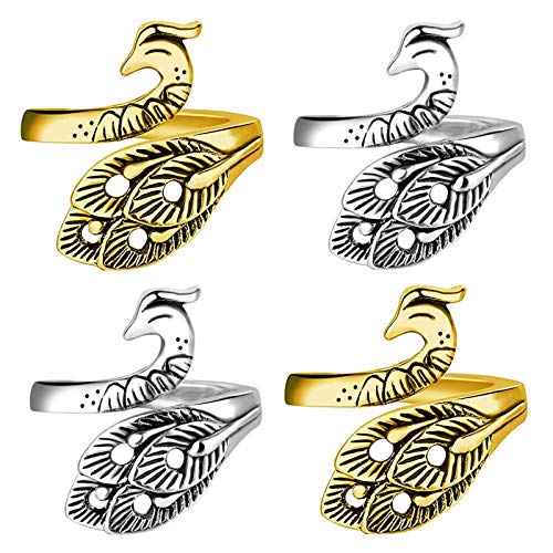 FENGWANGLI 4 Pcs Adjustable Knitting Loop Crochet Ring, Peacock Open Finger Ring for Faster Crocheting, Yarn Guide Finger Holder and Thimble Ring for Knitting