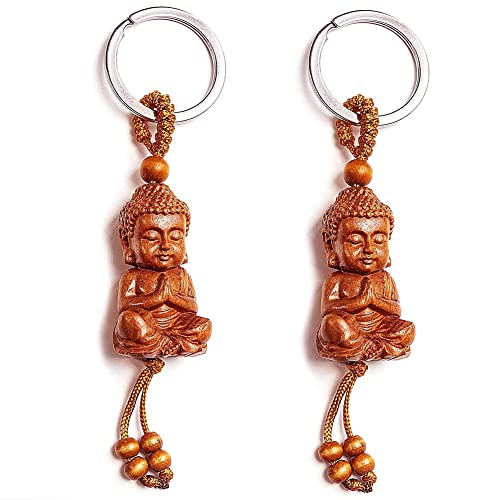 Hilloly 2 Stück Kleiner Buddha Schlüsselanhänger aus Holz, Schlüsselanhänger Mahagoni 3D Gravur mit Buddha Figur Buddha Anhänger Schlüsselanhänger für DIY AutoschlüSsel ZubehöR GlüCksbringer Geschenk Cover