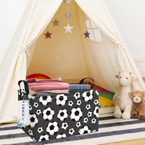 Image of Rectangular Soccer Laundry Storage Bin for Adults and Kids | Damp resistant canvas fabric, sturdy stitched carry handles, foldable design organizes closet and playroom daily supplies