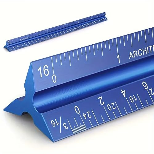 12" Ruler, Aluminum Architectural Triangular Drafting Scale Ruler for Office School, Measurements Tools for Architects Draftsman and Engineers, Laser-Etched Markings, Blue