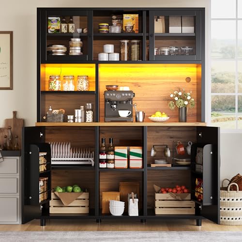 luckdect Buffet Cuisine,185 cm Haut Armoire de Cuisine avec Porte Vitrée Coulissante,Plans de Travail et 3 Étagères Réglables,Meuble de Rangement pour...