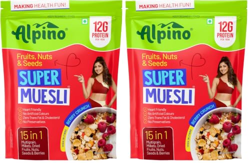 Image of ALPINO 16g Protein-Rich Super Muesli Fruit & Nuts 400g - 63% Whole Grains, 15% Fruits & Nuts - Source of Dietary Fibre & Healthy Fats (Pack of 2)