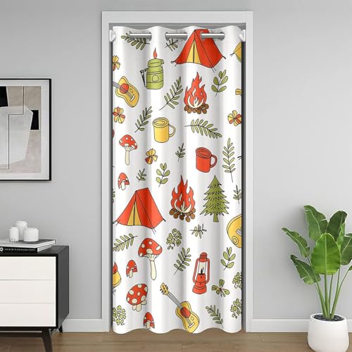 Campfire Kids Door Curtain,Tent Bonfire Mushroom Blackout Curtain,Woodland Campsite Camping Lovers Bedroom Doorway Living Room Decor,Green Yellow and Brown Privacy Door Drape 1 Panel,42" W X 80" L