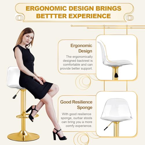 Juego de 4 Butacos Acrílicos con Respaldo Transparente, Altura Ajustable y Giro 360°, Asiento de Cuero PU, Patas de Metal Doradas, Estilo Moderno miniatura 4