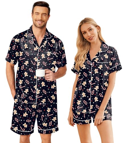 Ekouaer Christmas Matching Pajamas Sets Couple Silk Button Down Sleepwear Women & Men Short Sleeve Pjs Lounge Set,Xmas Gingerbread,L