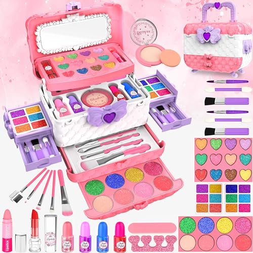 Set de Maquillaje Juguetes para niños, 57 Juegos de cosméticos Lavables con Caja de cajones, Juegos de Princesas, Fiesta de Regalo de cumpleaños, Adecuado para niñas de 3 4 5 6 7 8 9 10 11 12