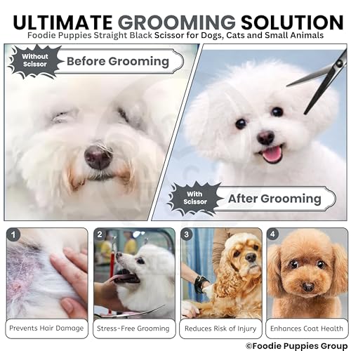 Image of Foodie Puppies Professional Straight (Black) Dog Grooming Scissors - Stainless Steel Pet Hair Cutting Shears with Finger Rest & Ergonomic Grip for Dogs & Cats, Precision Trimming Home Use Kit