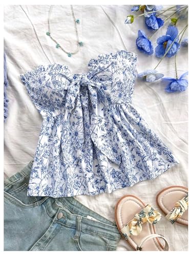 Floerns Women's Boho Floral Strapless Tube Top Bowknot Front Ruffle Hem Bandeau3