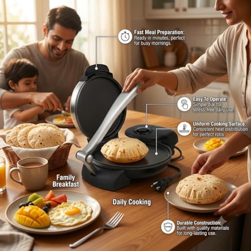 Image of (10 Years Assured Warranty) 1000W Electric Roti and Khakra Maker, Non Stick Cooking Plate with Adjustable Temperature Control & Durable Stainless Steel Body for Easy Cooking