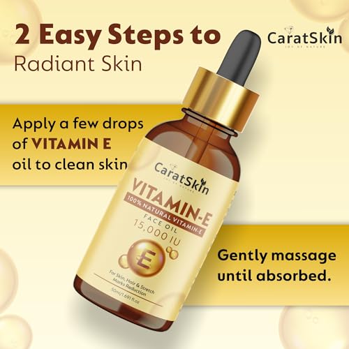 Image of CaratSkin Vitamin E Oil 50ml | 15000 IU High Potency | 100% Natural | Moisturizing Oil for Hair & Skin | Helps Reduce Stretch Marks, Fine Lines & Wrinkles | Restores Glow & Skin Elasticity | For All Skin Types