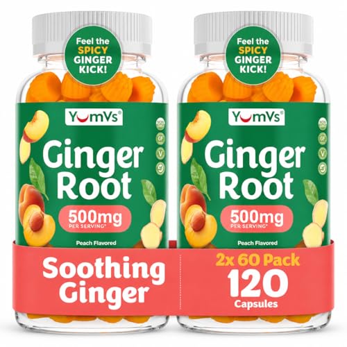YUM-VS YumVs Ginger Gummies 500 mg Ginger Root Extract Peach Flavor Nausea Management Digestion & Immune Support Vegan Non-GMO Gelatin-Free 2 Pack