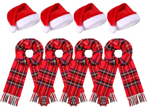 Coume 8 Pcs Christmas Santa Hat and Scarf Set Buffalo Plaid Scarfs Velvet Christmas Hat