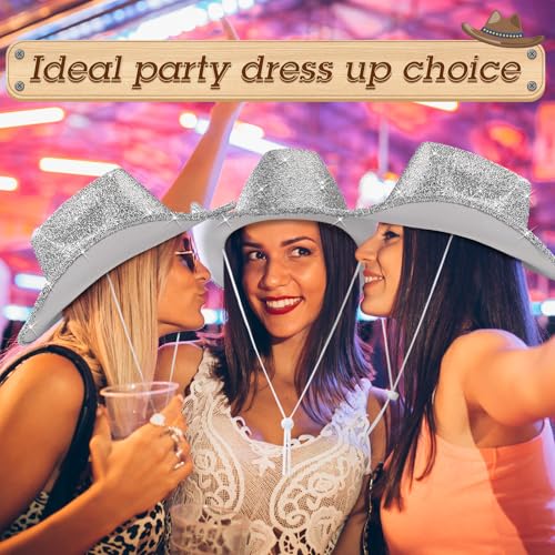Image of Coume 12 Pcs Sparkly Adults Cowboy Hat and Bandanas Women Men Western Glitter Cowgirl Party Hats with Adjustable Drawstring