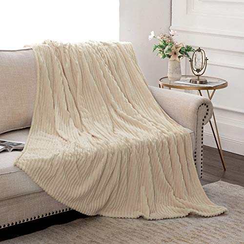 MIULEE Flannel Fleece Throw Blankets Soft Warm Comfortable Throws for Sofa Corduroy Fluffy Blanket Bed Throw for Bedroom Couch Travel Kids Bedroom Accessories 85x95Inch Cream - Image 4