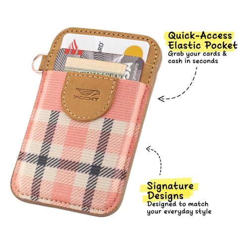 Image of POCKT Slim Card Holder Wallet For Men and Women - Minimalist Front Pocket Wallet Elastic Credit Card Holder Genuine Leather RFID Blocking Card Case Wallets, Pink Plaid, Minimalist