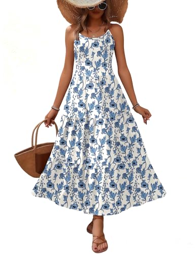 Image of Zeagoo Womens Summer Long Dress Adjustable Spaghetti Strap Floral Casual Dress with Pockets Flowy Tiered Beach Sundress