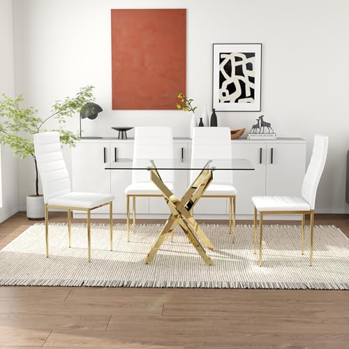 Image of 5 Piece Glass Dining Table Table Set, Tempered Glass Dining Table Set for 4 Kitchen Table Set with 4 Upholstered Chairs for Kitchen Dining Room (Gold Leg Table with Gold Leg Chair)