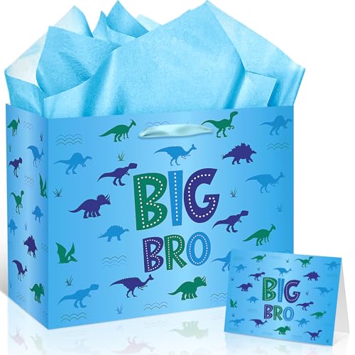 Big Brother Gift Bag for Boys Cute Big Bro Gift Bag with Tissue Paper and Greeting Card Blue Wrapping Paper Cartoon Dinosaur New Brother Party Decoration for Little Boy Birthday Party Supplies