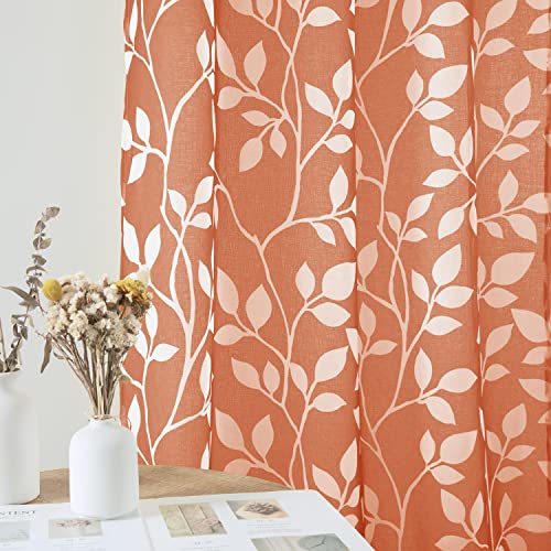 Image of XTMYI Curtains 36 Inch Length for Kitchen Window Set of 2 Panels,Short Sheer Cafe White Leaf Print Pattern Design Small Curtain for Bathroom,Rust Burnt Orange