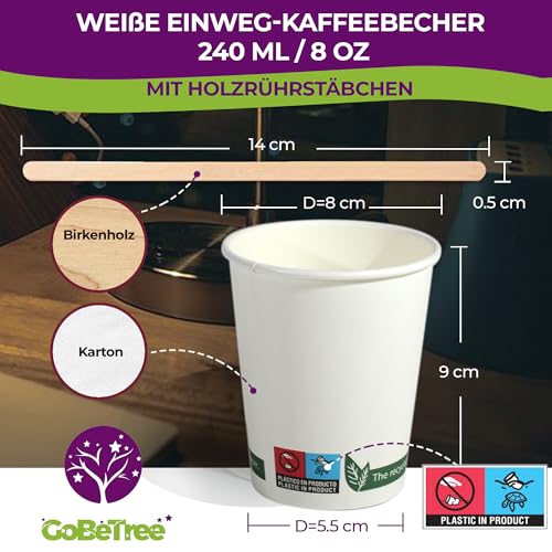Foto von GoBeTree 100 Einweg-Kaffeebecher aus weißem Pappe, 240 ml/8 oz, weiße Einweg-Pappbecher, mit Holzstäbchen für Kaffee, heiße und kalte Getränke.
