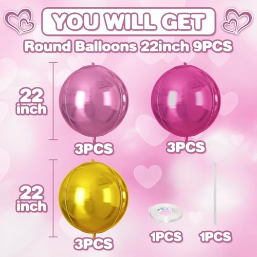 Image of 9 Pcs Pink Gold Round Foil Balloons,22 Inch Round Balloons | Pink Gold Giant 4D Round Ball Balloons For Birthday Bridal Shower Wedding Engagement Anniversary Party Decorations