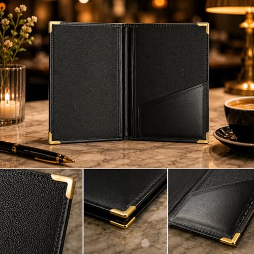 Image of Set of 6 Bill Folders with Golden Corners | Black Leatherette Menu Holder for Restaurants, Hotels & Cafes | Durable Check Presenters /Receipt Holders for Commercial Use