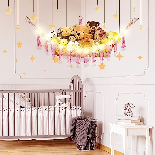 Image of CERETIA Stuffed Animal Hammock with LED Light, Large Stuffed Animals Storage Corner Plushie Net for Kids Room Decor, Pink